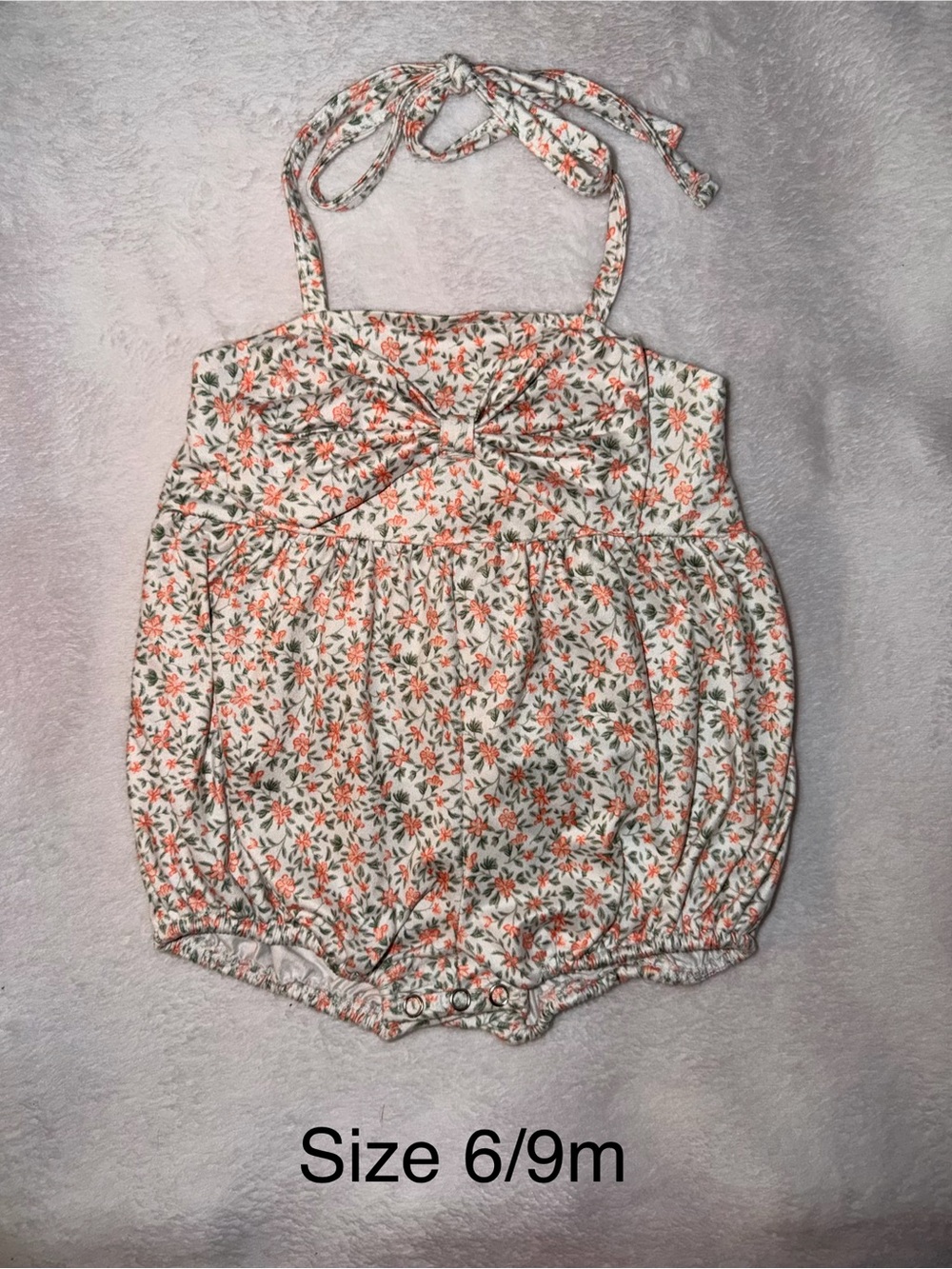 Floral Halter Baby Bubble Romper in Cream with Coral & Green